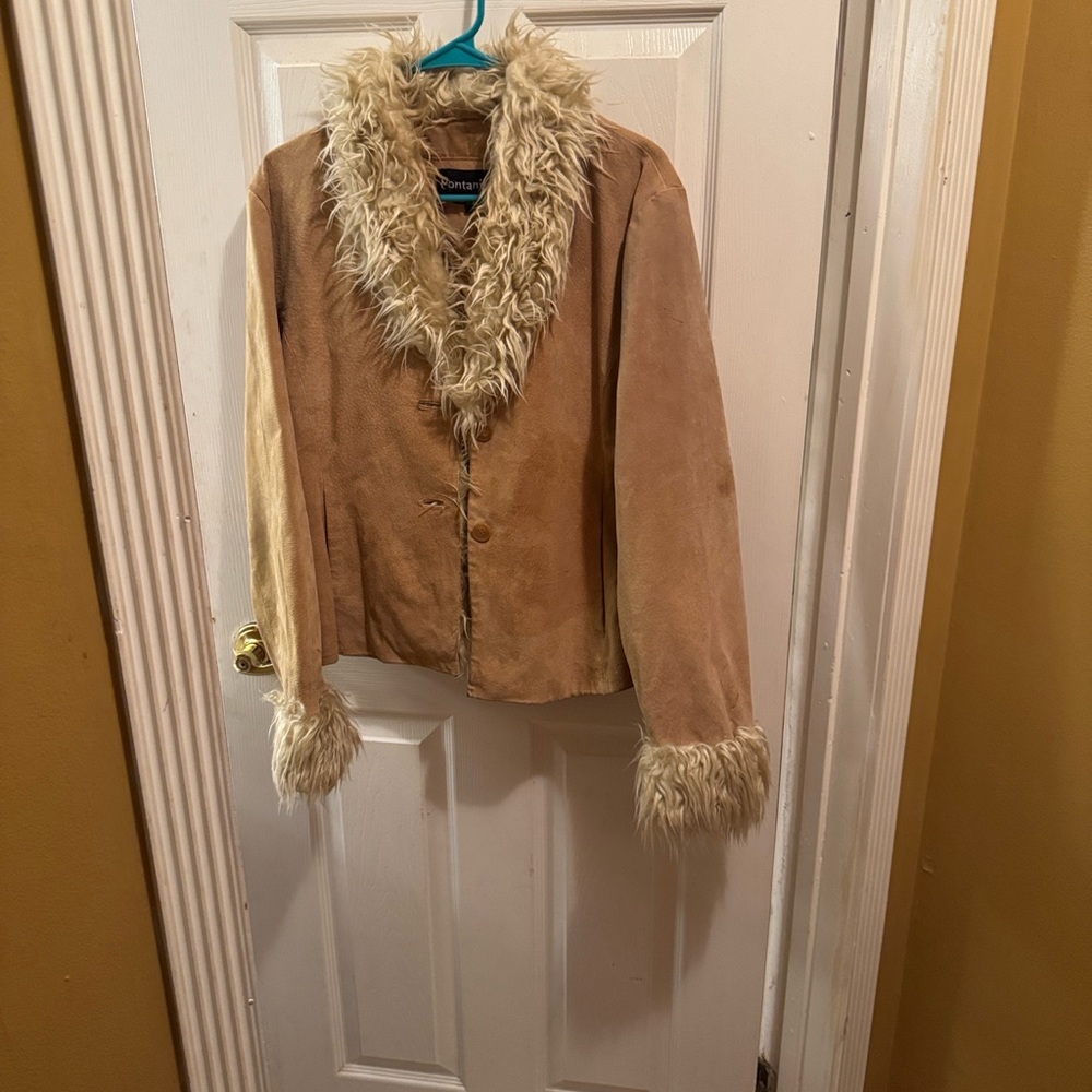 Chico's Tan Teddy Jacket with Faux Fur Trim